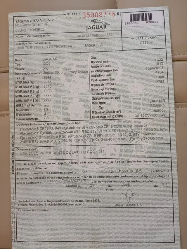 Subasta de turismos Jaguar Jaguar Xk 5,0 Luxury C el 30 de marzo de 2026